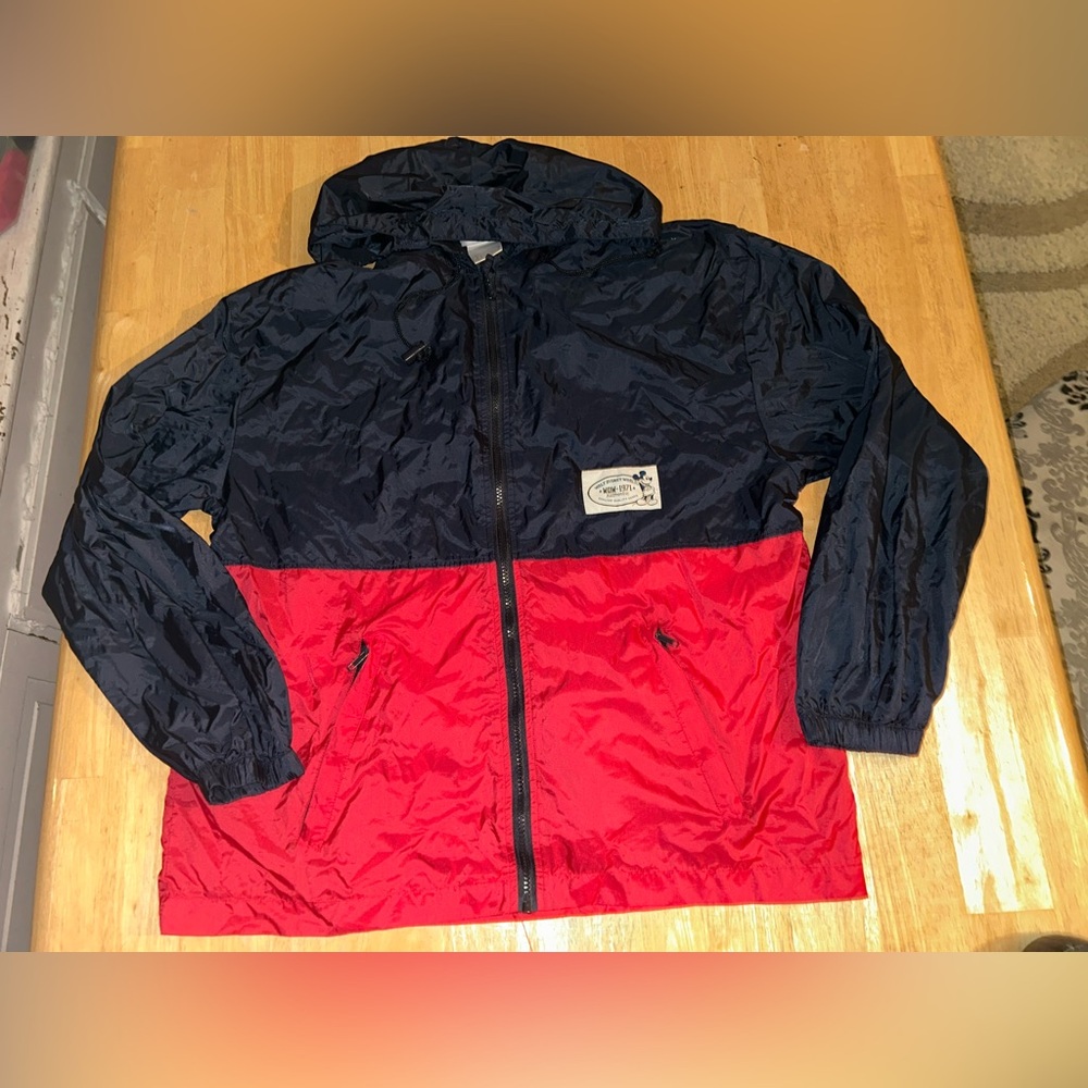 Vintage Walt Disney Wold windbreaker coat jacket blue and red hood Mickey Mouse